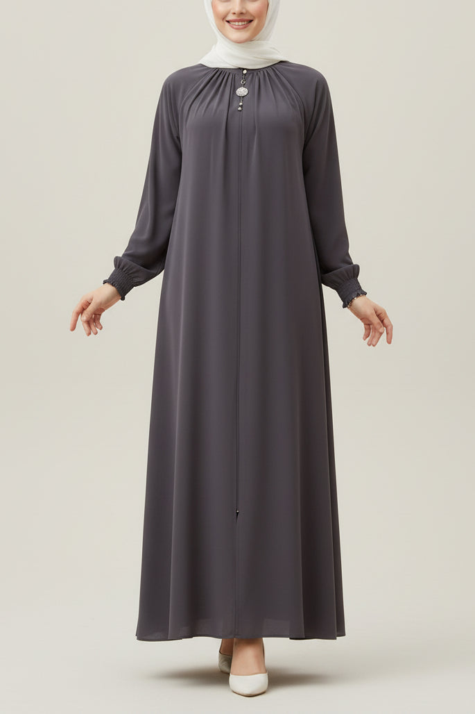 Turkish Style Gray Zipper Abaya