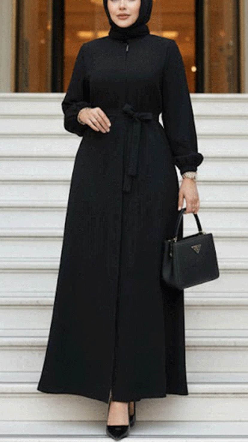 Turkish Style Black Zipper Abaya & Sash