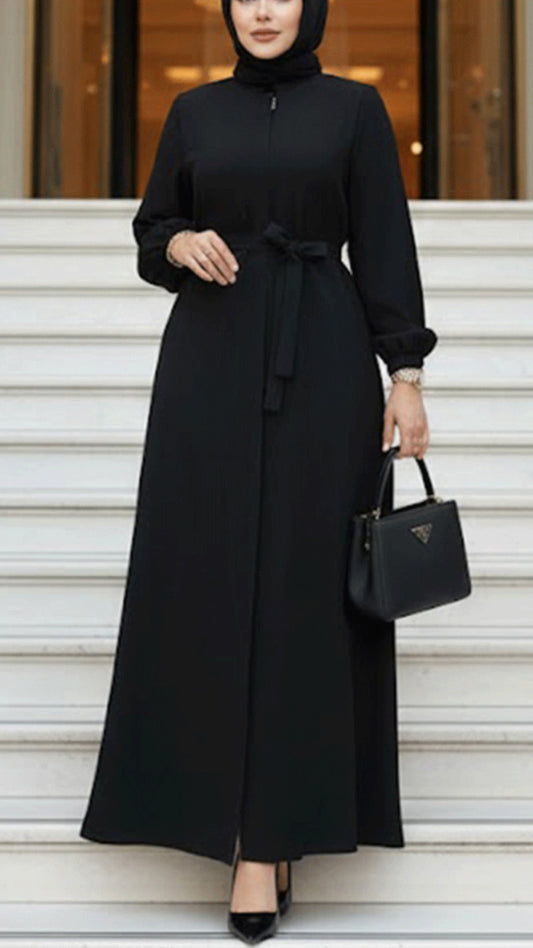 Turkish Style Black Zipper Abaya & Sash