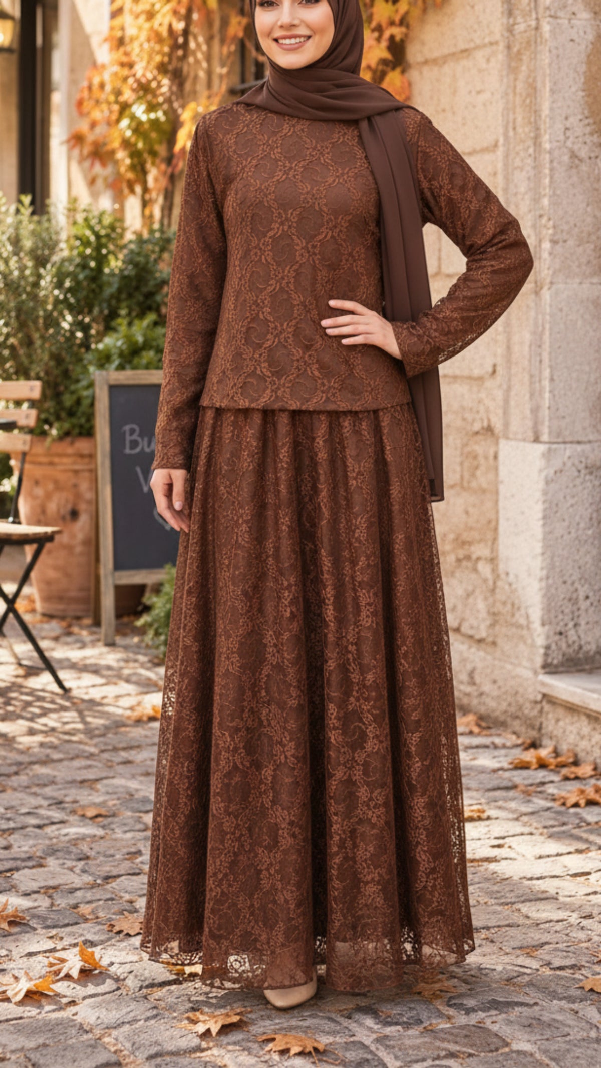 Autumn Chocolate Lace Skirt Set