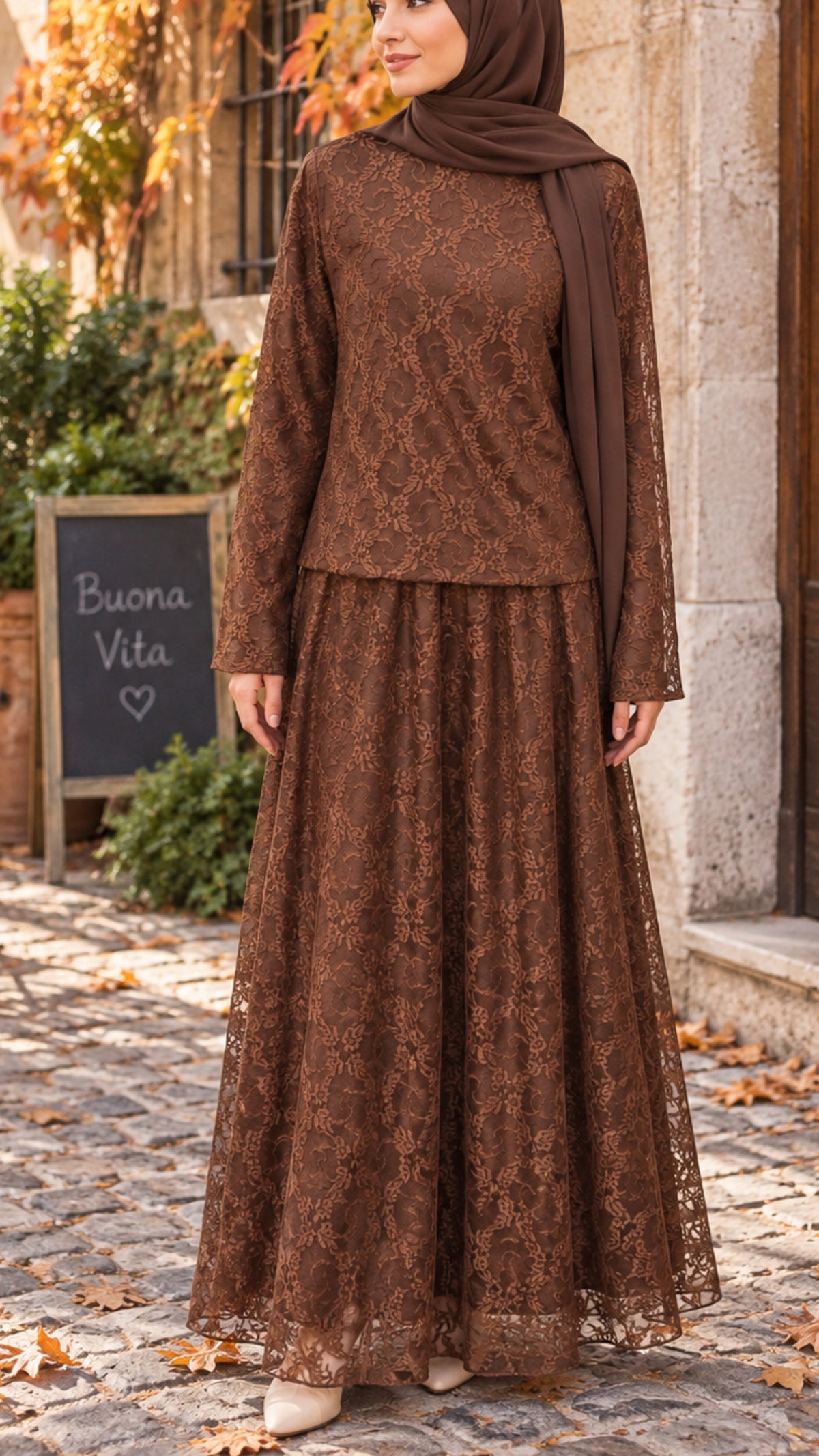 Autumn Chocolate Lace Skirt Set