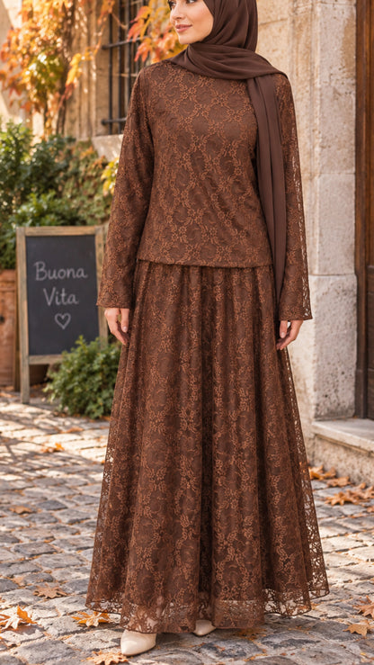 Autumn Chocolate Lace Skirt Set