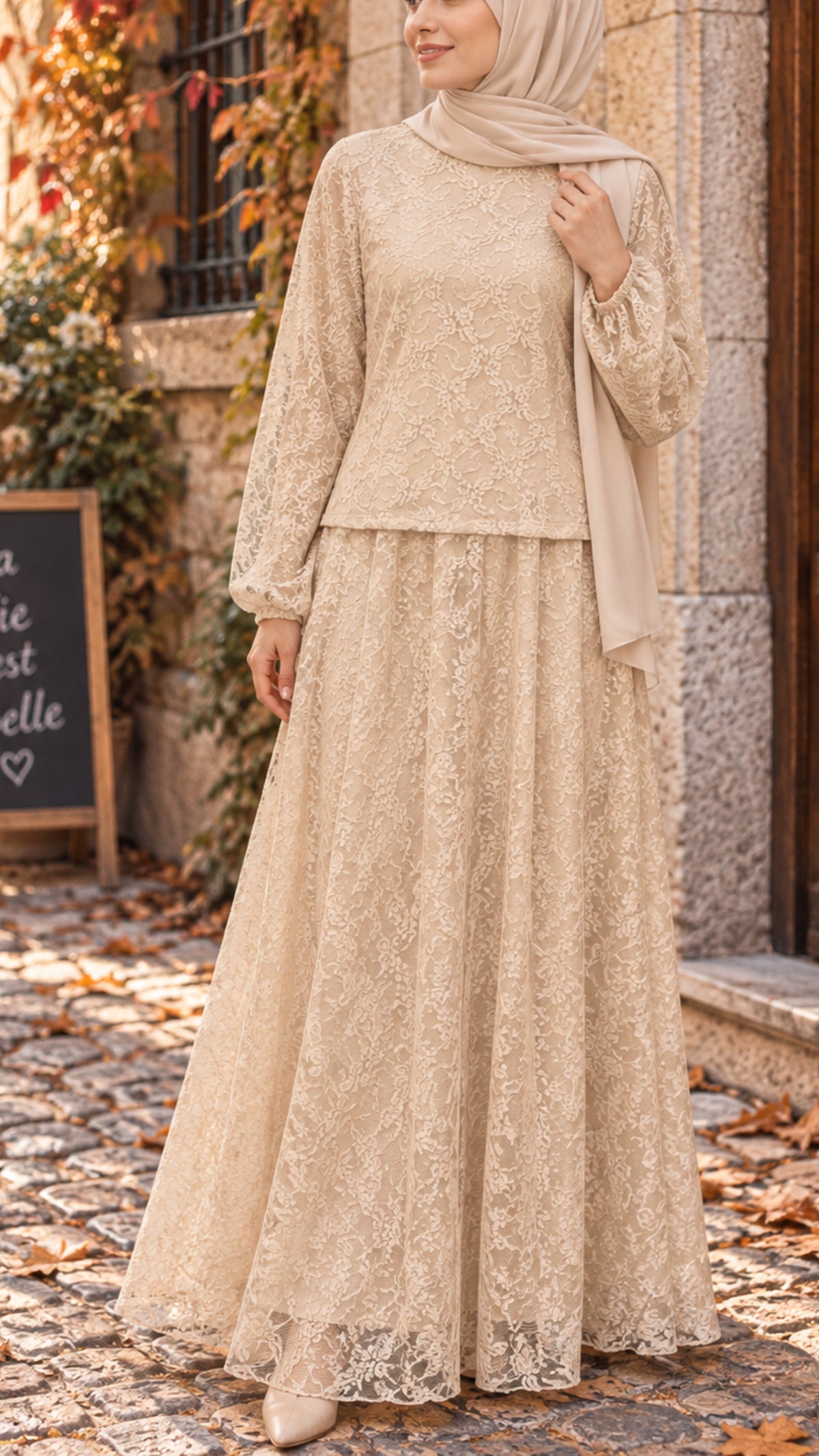 Autumn Cream Lace Skirt Set