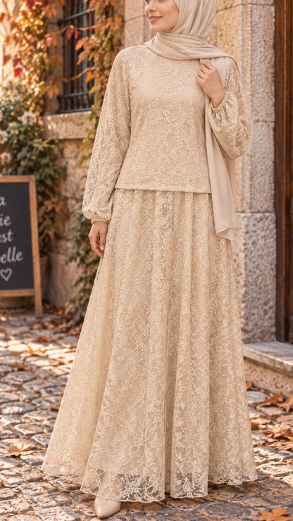 Autumn Cream Lace Skirt Set
