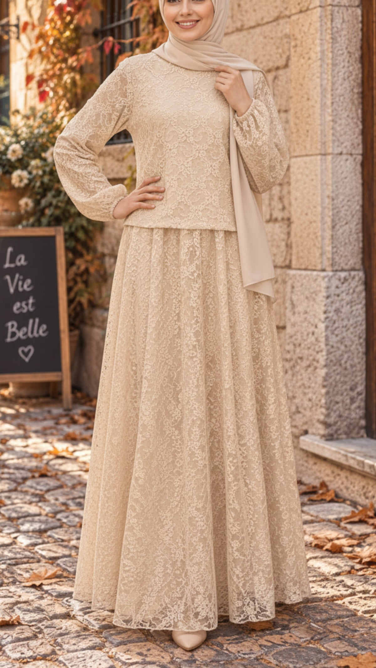 Autumn Cream Lace Skirt Set