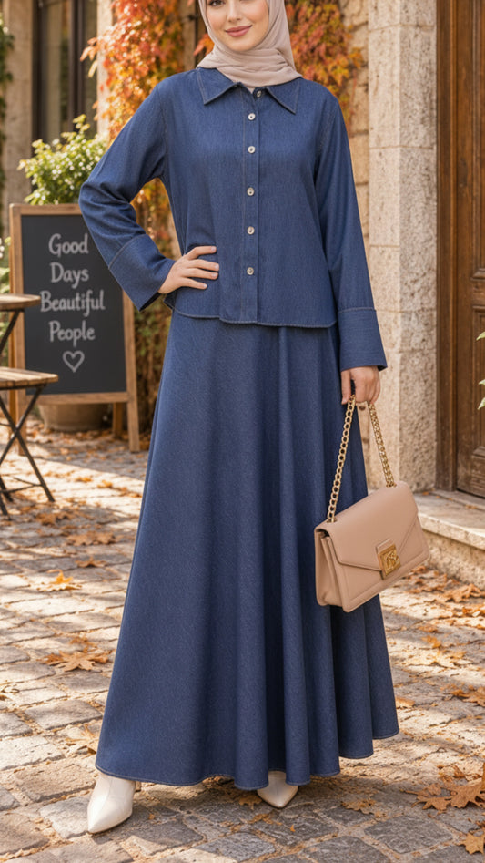 Autumn Viscose Denim Like Style Skirt Set