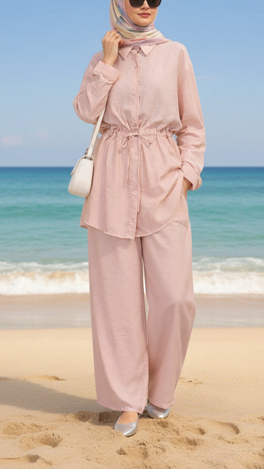 Collared Button-Down Drawstring Cotton Pant Suit Set