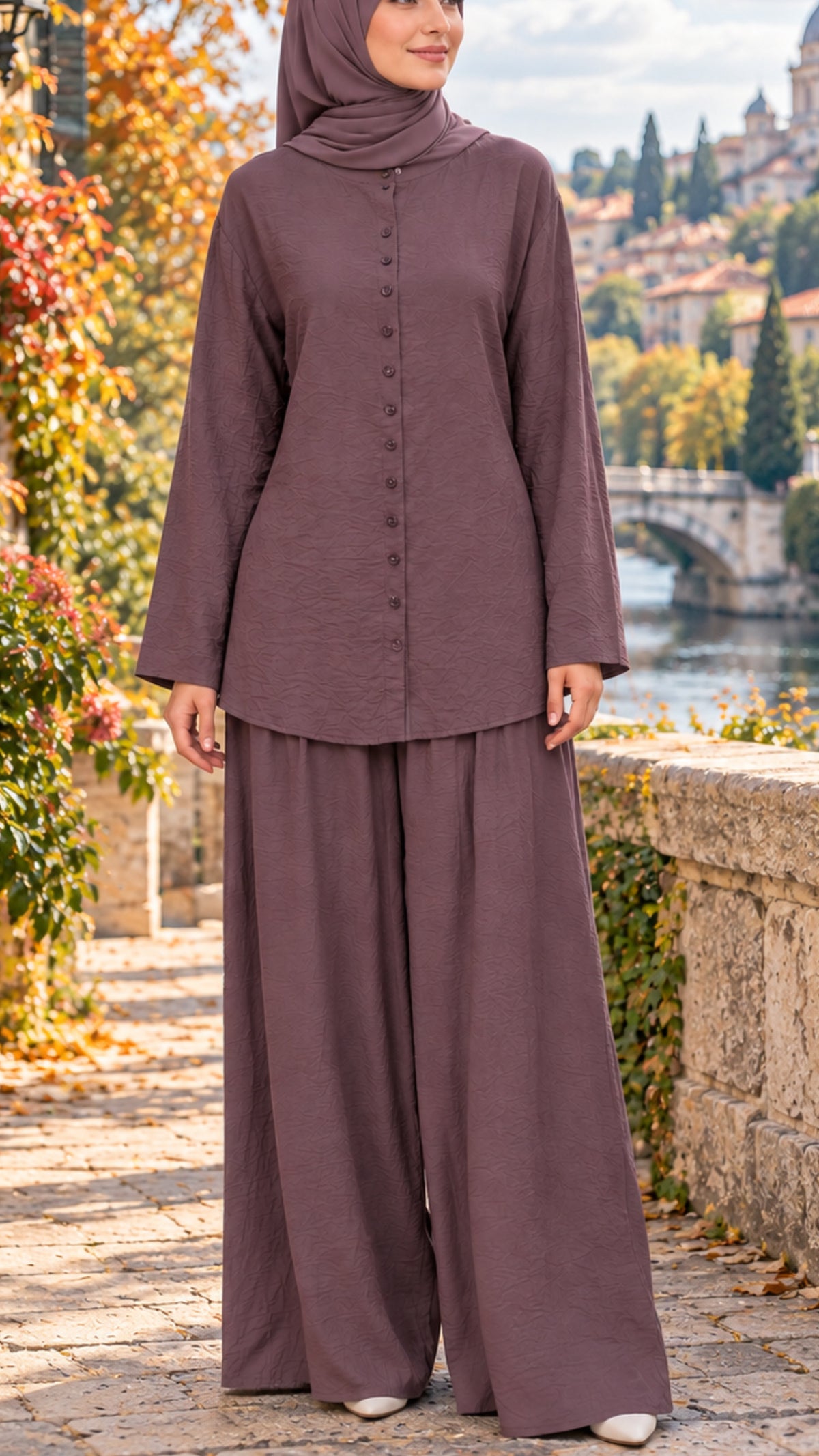 Cotton Plum Button-Down Adjustable Top Pant Suit