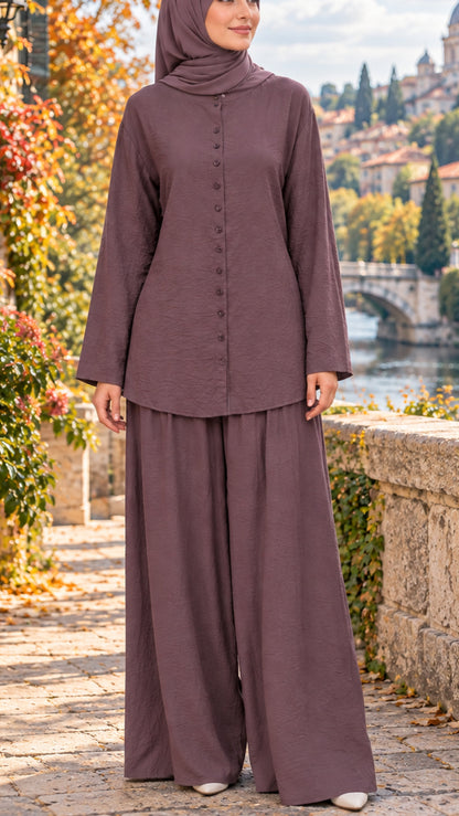Cotton Plum Button-Down Adjustable Top Pant Suit