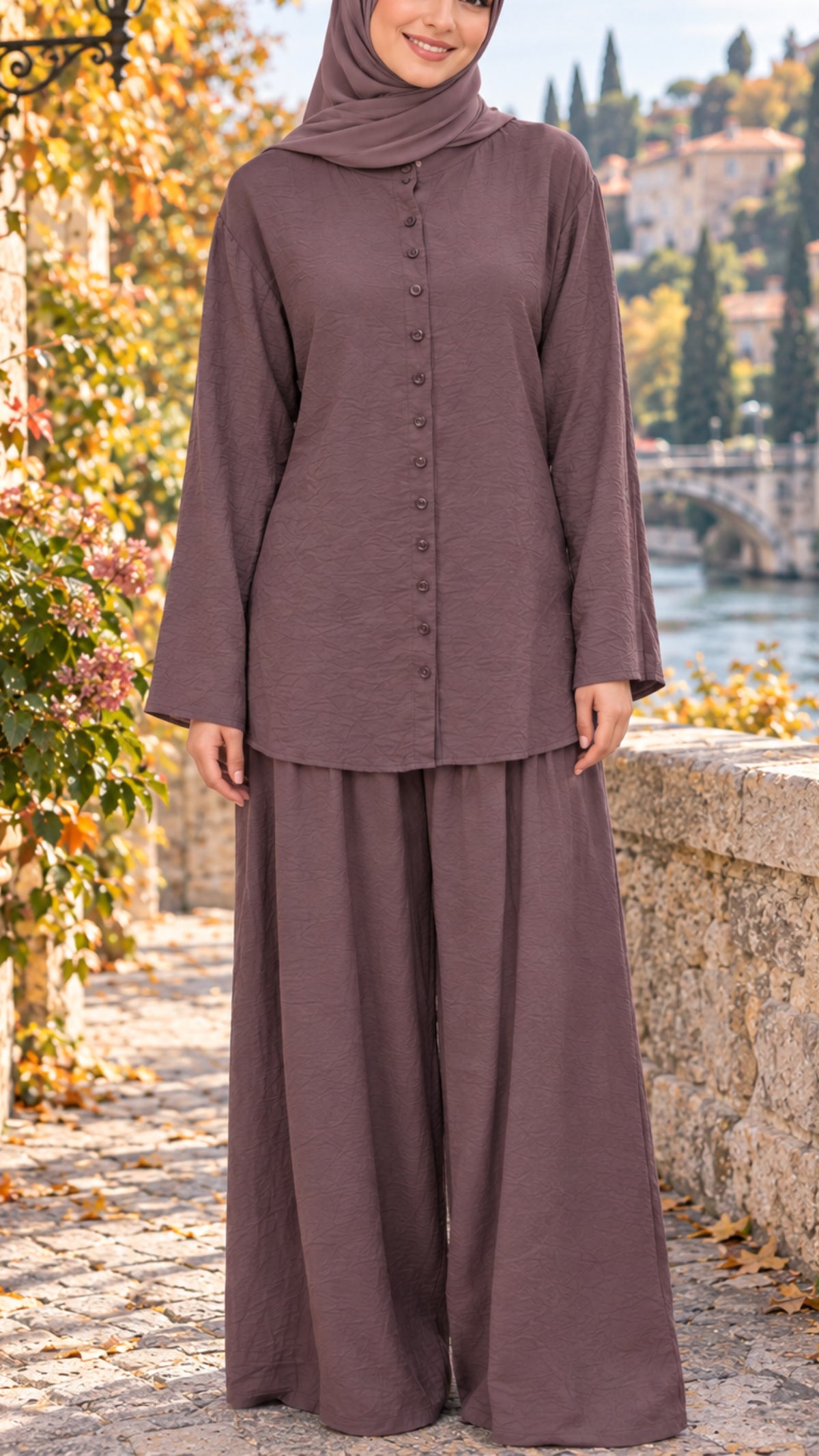 Cotton Plum Button-Down Adjustable Top Pant Suit