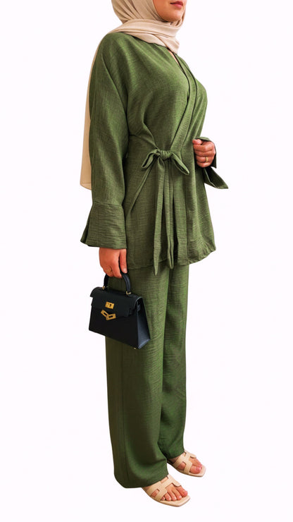 Belted Side Tie Kimono Style Pant Suit Set