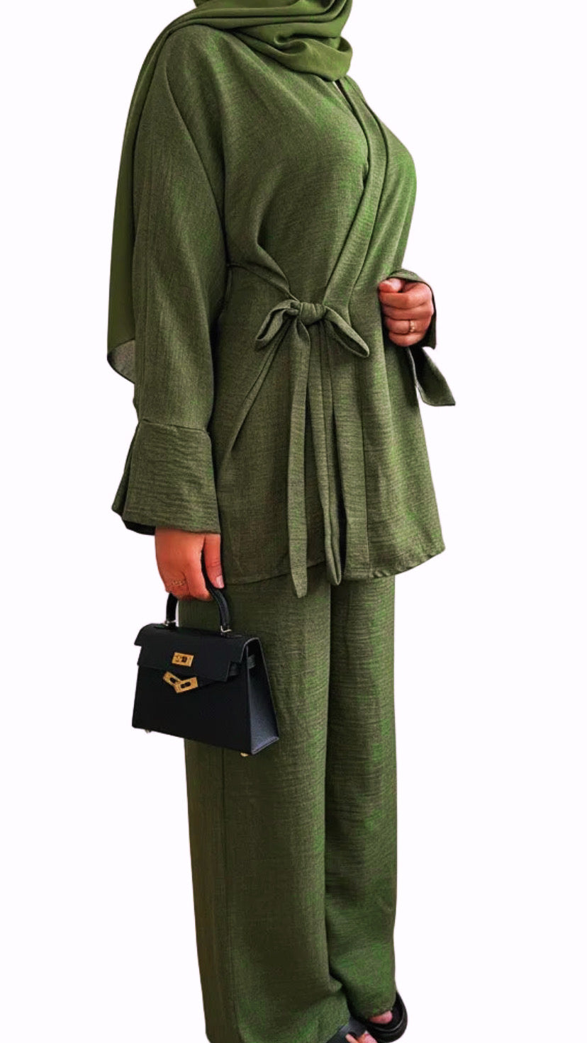 Belted Side Tie Kimono Style Pant Suit Set