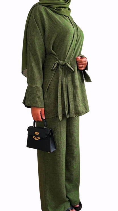 Belted Side Tie Kimono Style Pant Suit Set