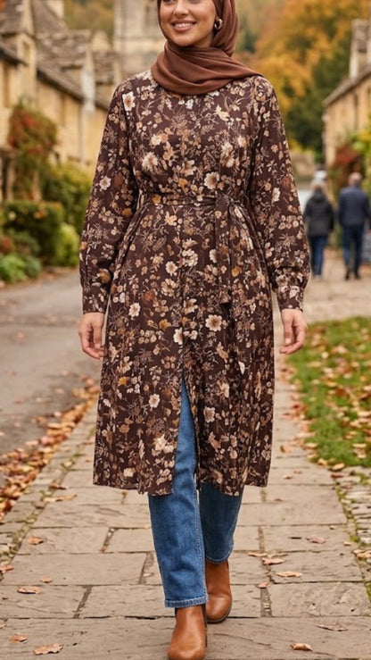 Brown Autumn Floral Button-Down Dress or Long Tunic