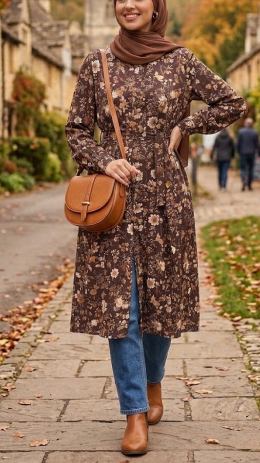 Brown Autumn Floral Button-Down Dress or Long Tunic