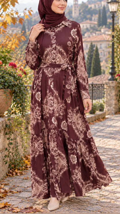 Burgundy Damask Button Down Viscose Dress