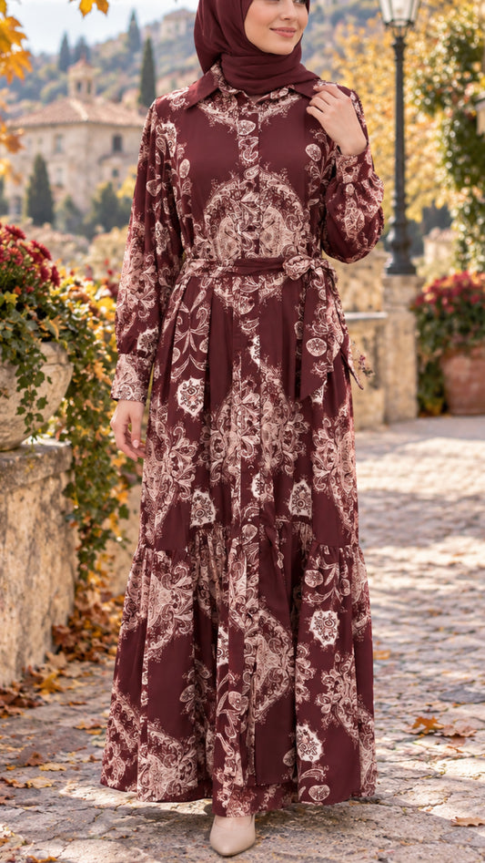 Burgundy Damask Button Down Viscose Dress