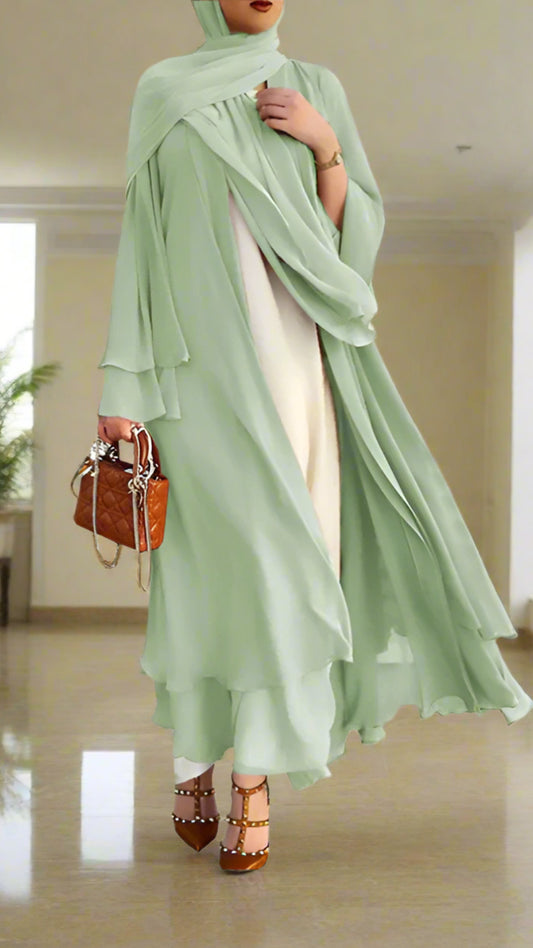 Chiffon Layered Sage Open Abaya with Sash