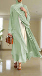 Chiffon Layered Sage Open Abaya with Sash