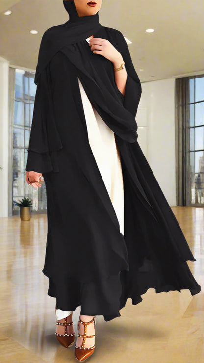 Chiffon Layered Black Open Abaya with Sash