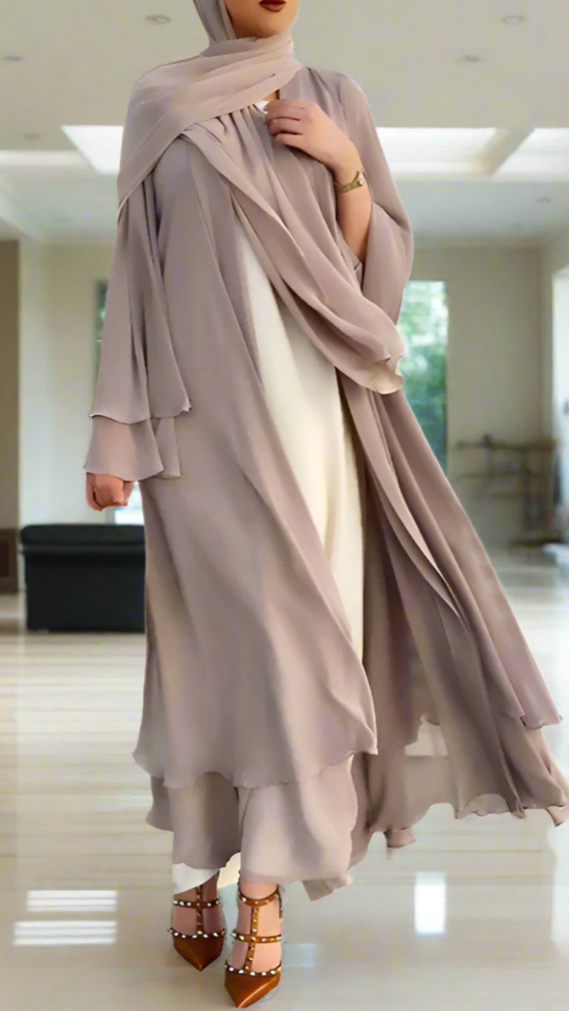 Chiffon Layered Beige Open Abaya with Sash
