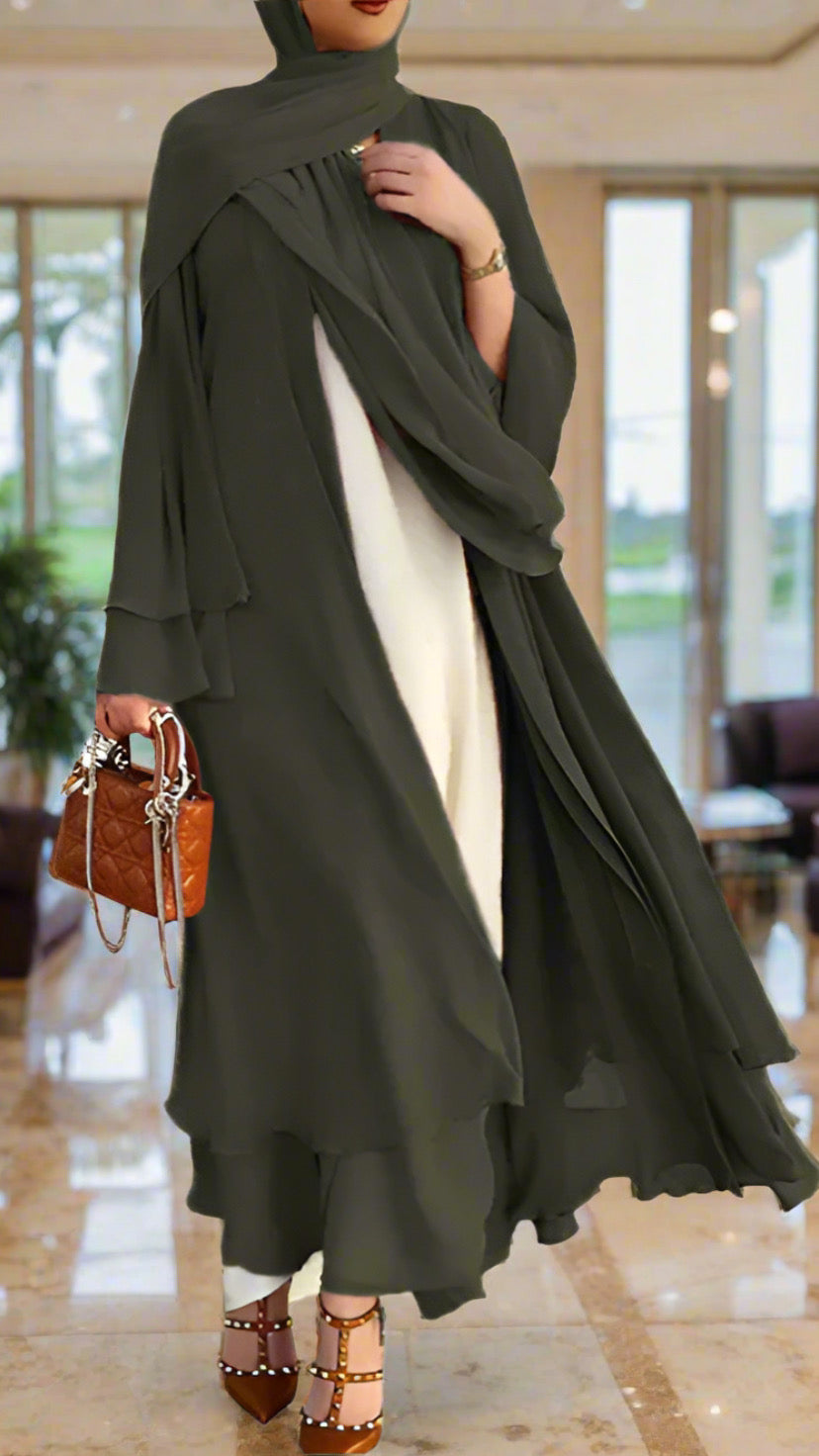 Chiffon Layered Olive Open Abaya with Sash