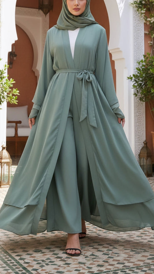 Chiffon Layered Open Abaya with Sash