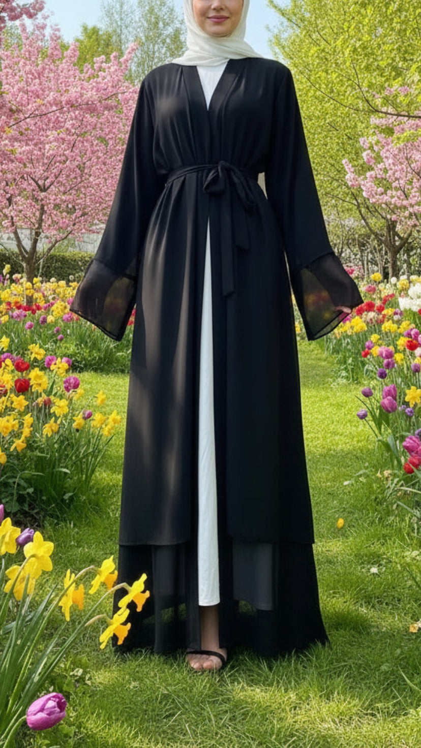 Chiffon Layered Black Open Abaya with Sash