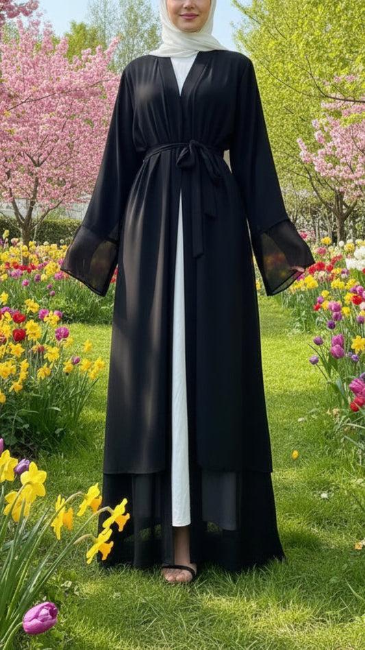 Chiffon Layered Black Open Abaya with Sash