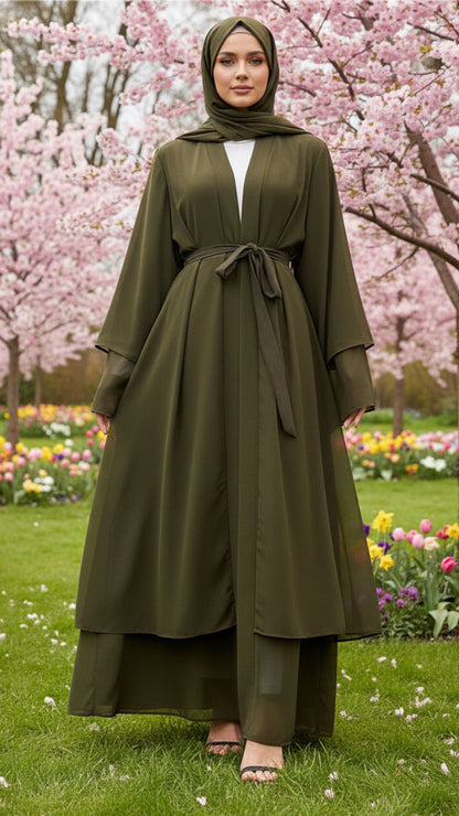 Chiffon Layered Olive Open Abaya with Sash