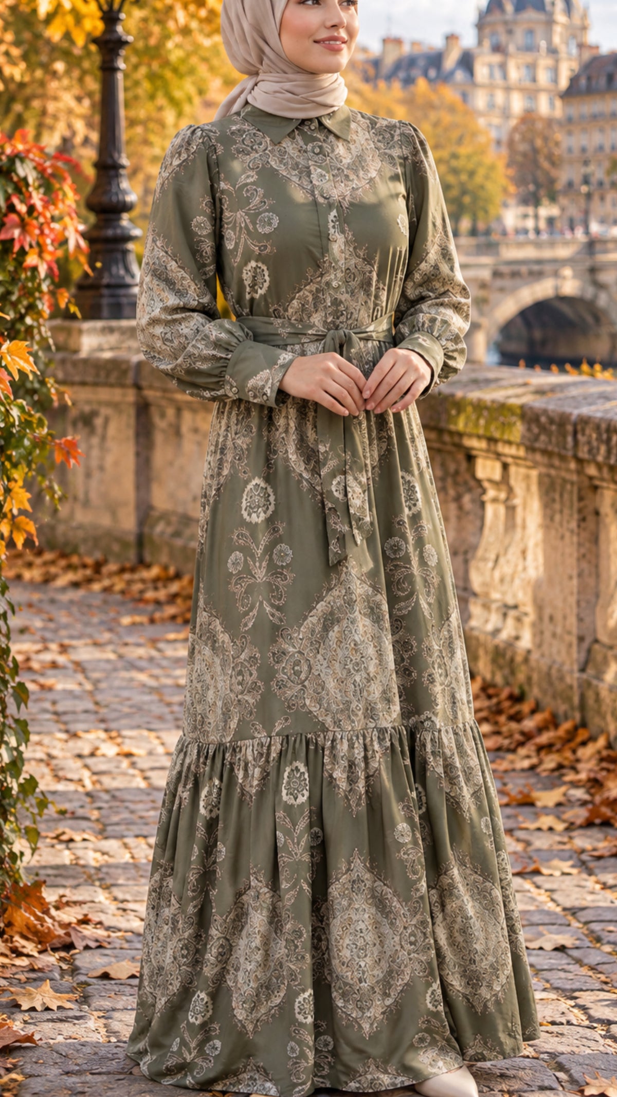 Green Damask Button Down Viscose Dress