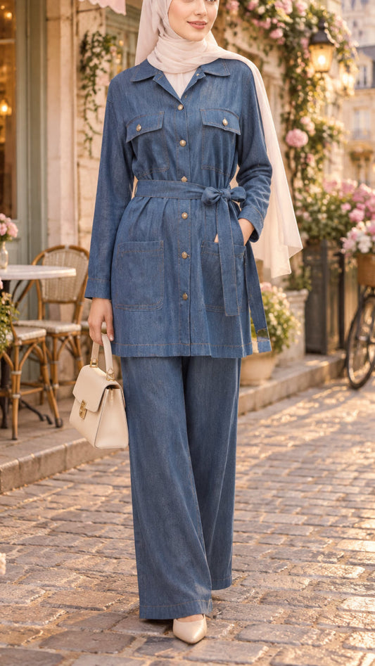 Denim Like Light Blue Button-Down Multi Pocket Pant Suit with Belt