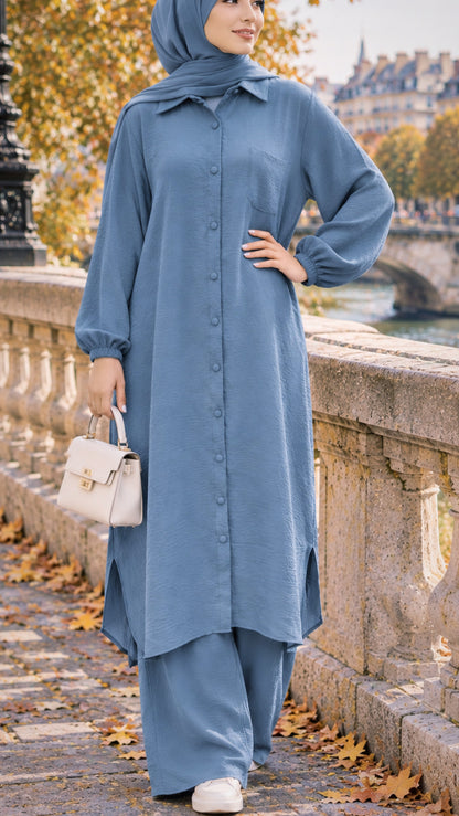 Long Tunic Button Down Sky Blue Pant Suit