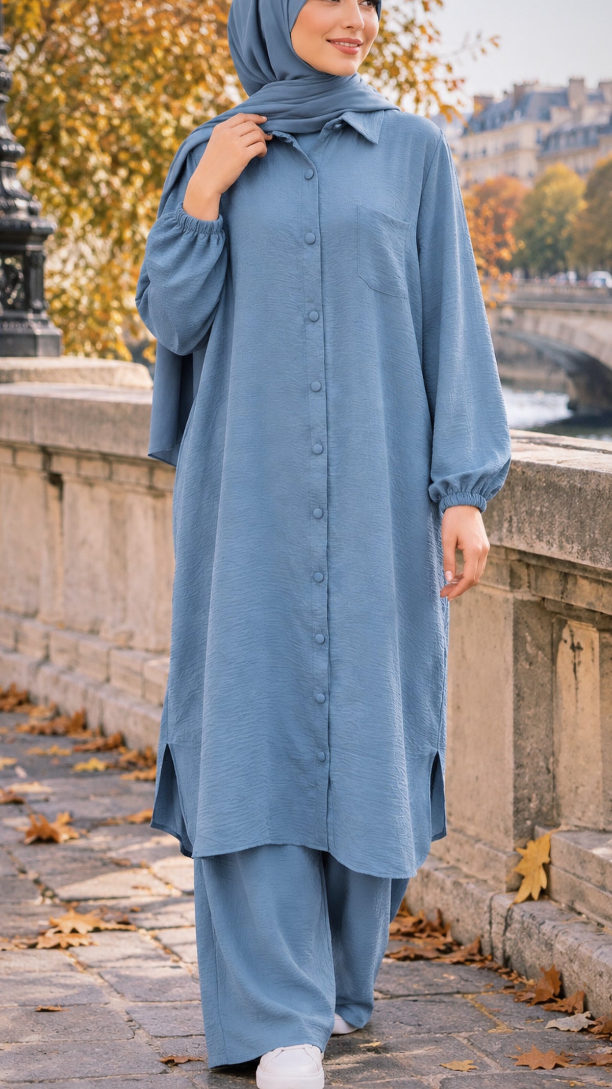 Long Tunic Button Down Sky Blue Pant Suit