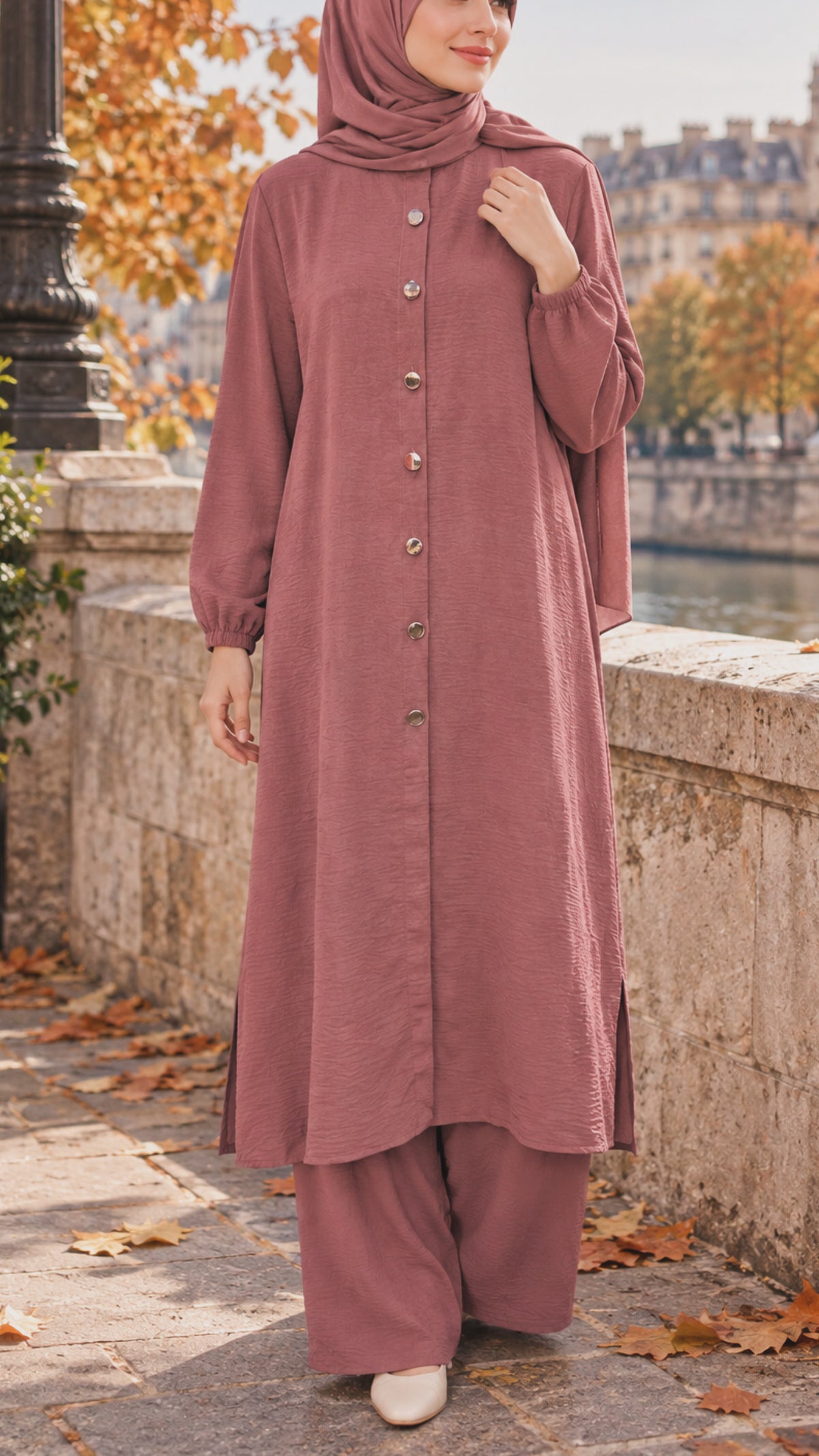 Rouge Button Down Long Tunic Pant Suit