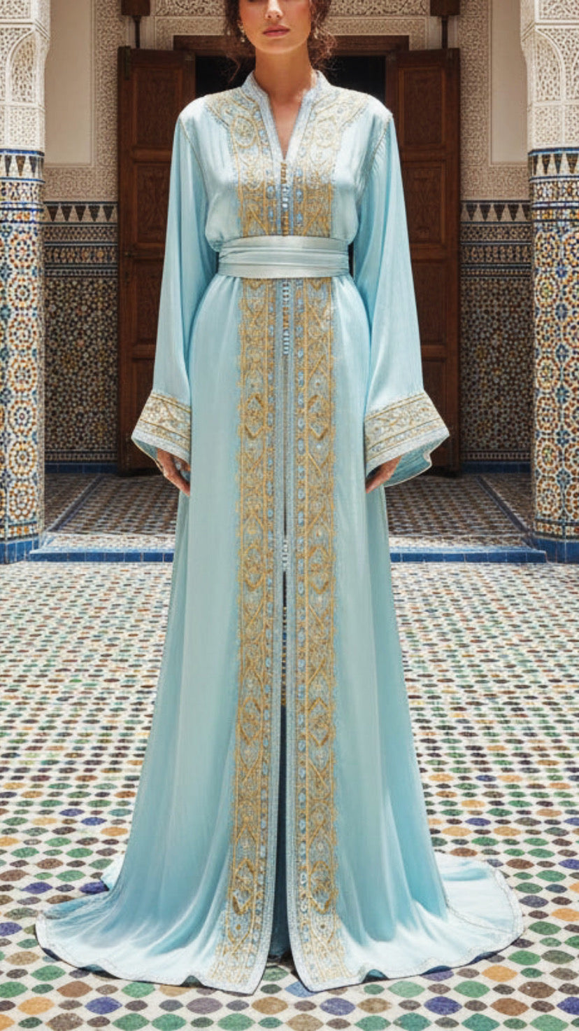 Moroccan Traditional Embroidered Satin Chiffon 2 Piece Caftan