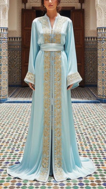 Moroccan Traditional Embroidered Satin Chiffon 2 Piece Caftan
