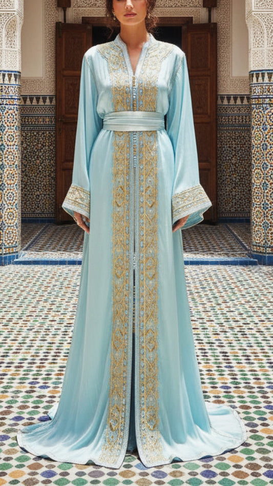 Moroccan Traditional Embroidered Satin Chiffon 2 Piece Caftan