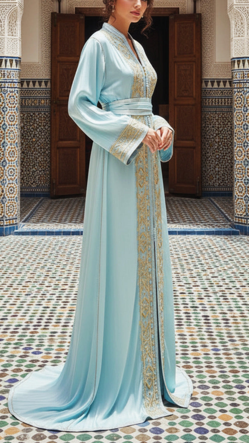 Moroccan Traditional Embroidered Satin Chiffon 2 Piece Caftan