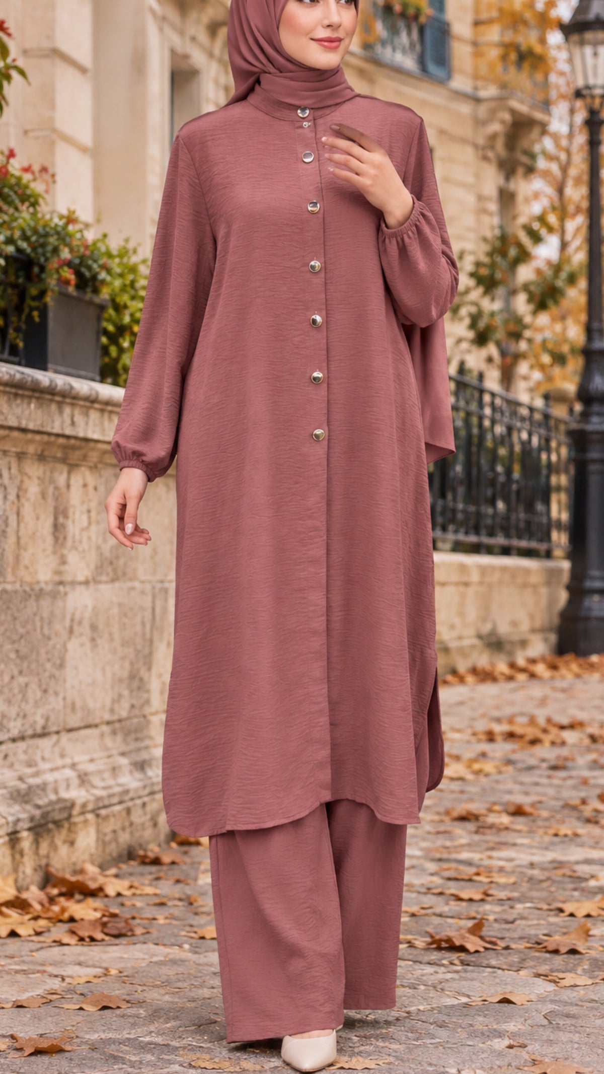 Rouge Button Down Long Tunic Pant Suit