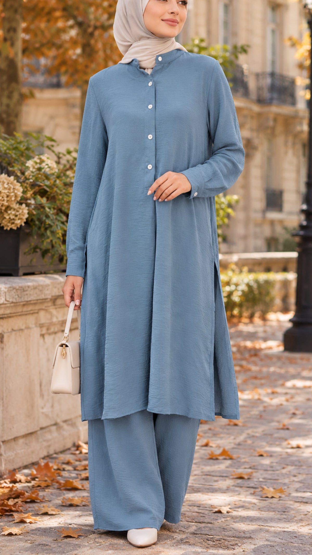 Blue Minimalist Button Detail Pant Suit