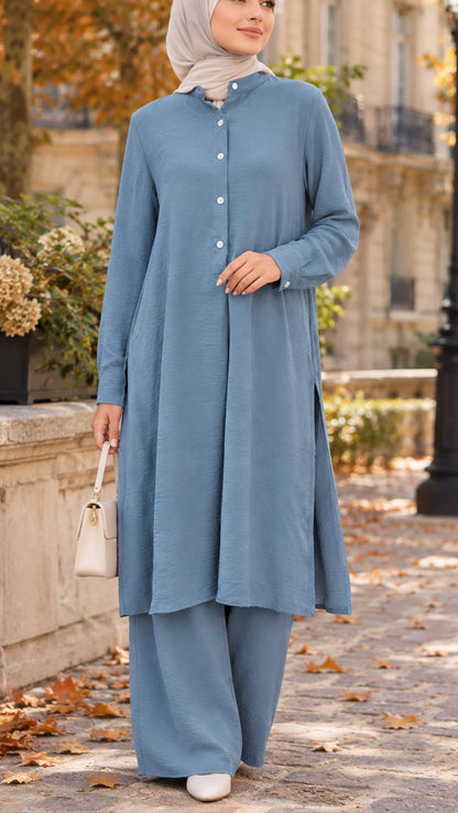Blue Minimalist Button Detail Pant Suit