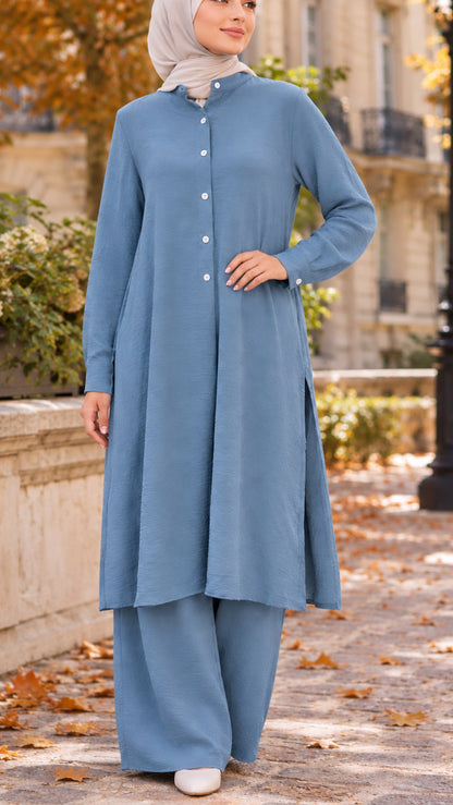 Blue Minimalist Button Detail Pant Suit