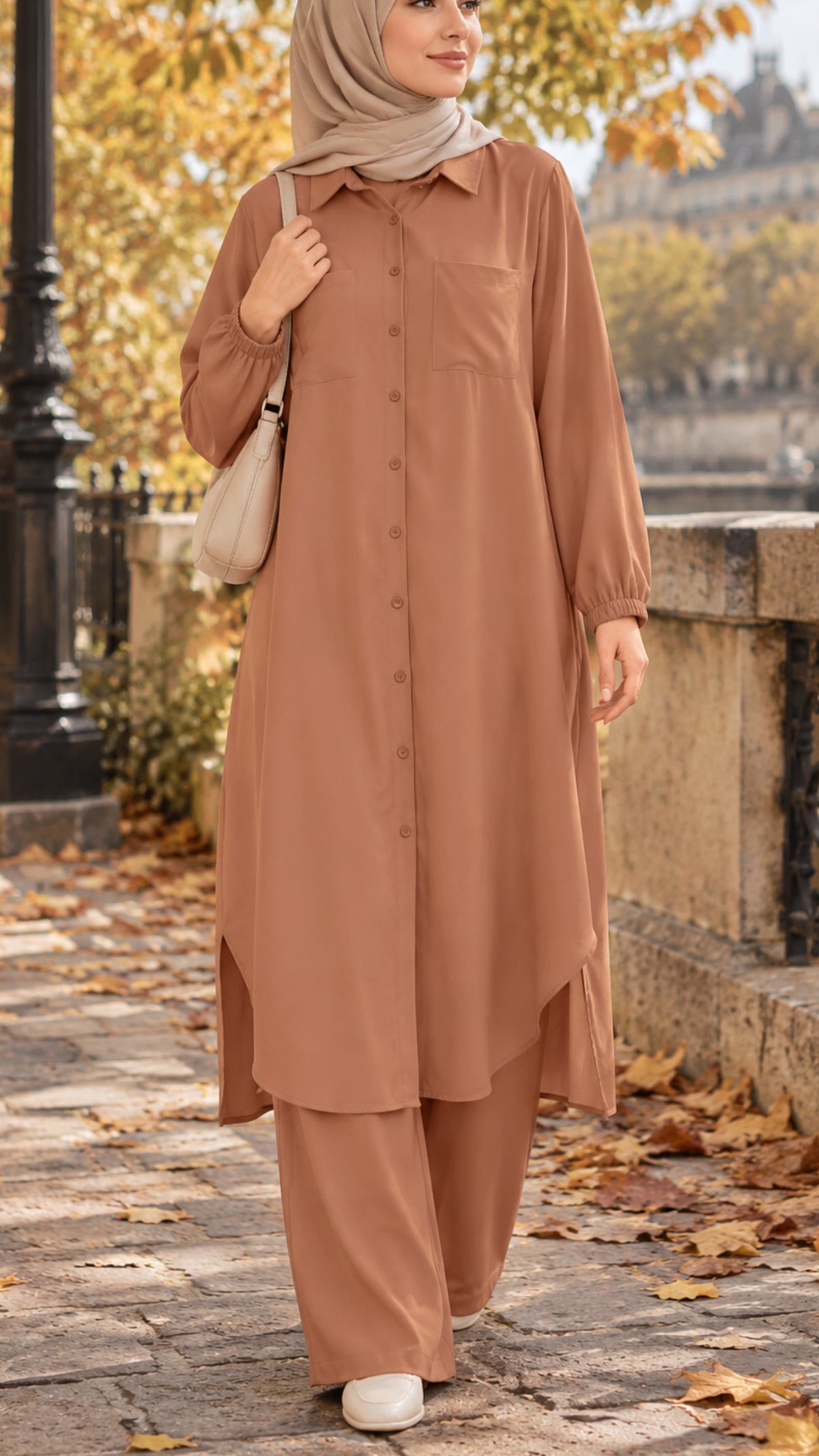 Long Tunic Button Down Pant Suit