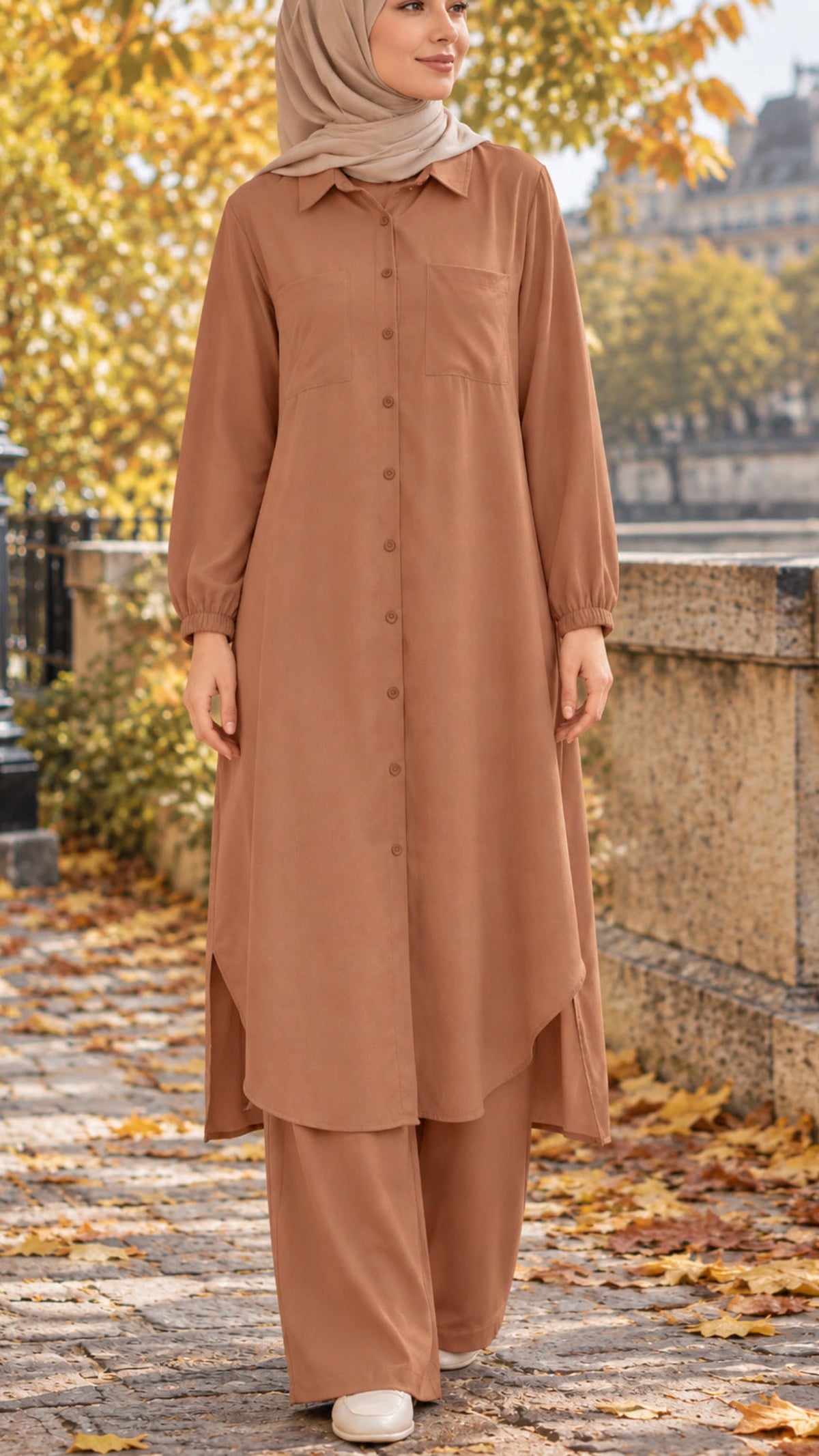 Long Tunic Button Down Pant Suit