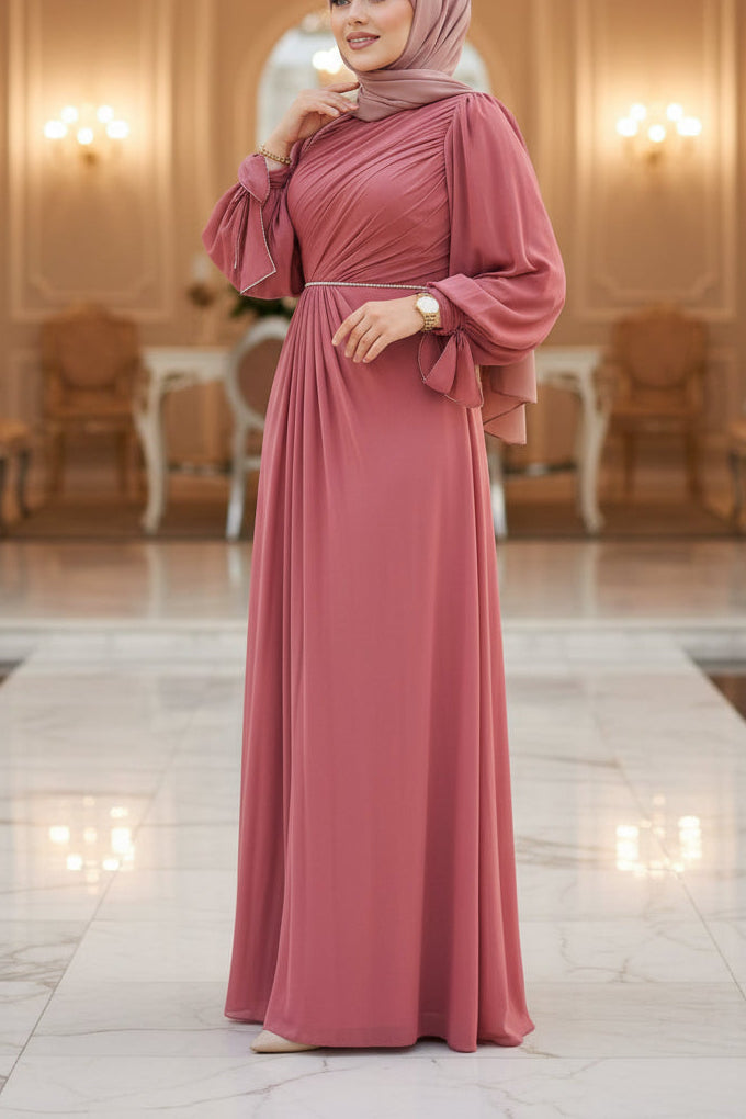 Elegant Bow Rhinestone Sleeved Gown