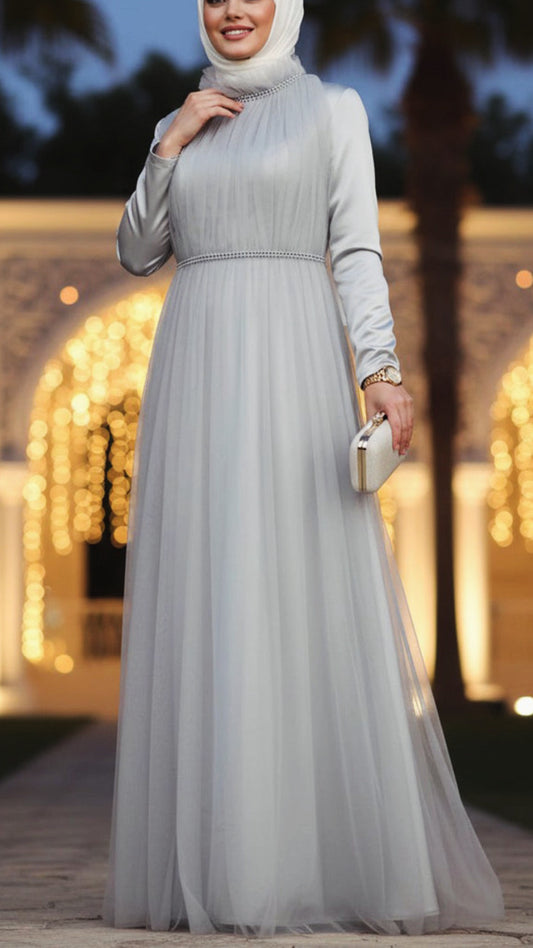 Satin Chiffon Pearl Detailed Gown