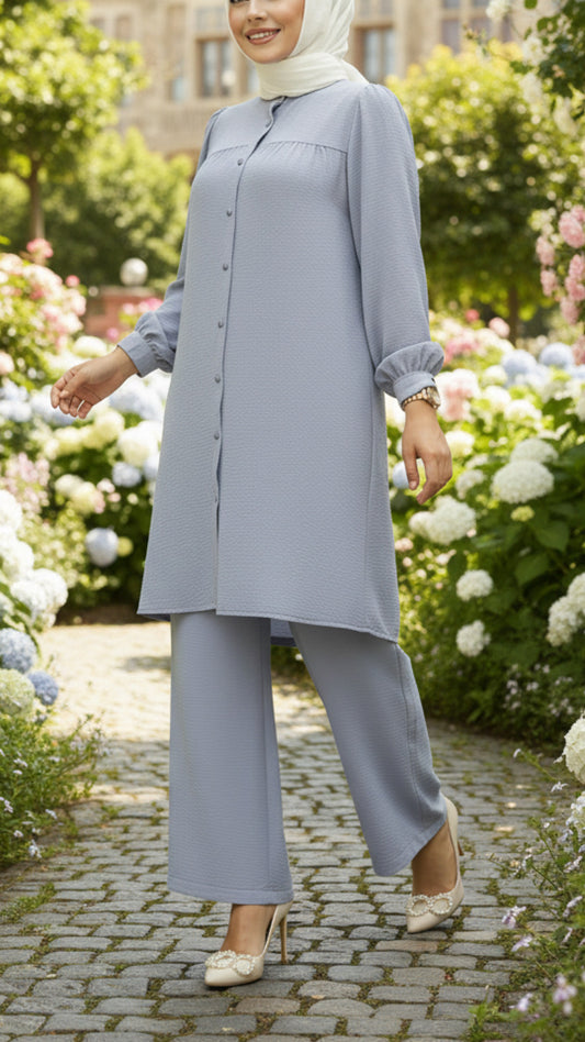 Long Tunic Button Down Crepe Pant Suit