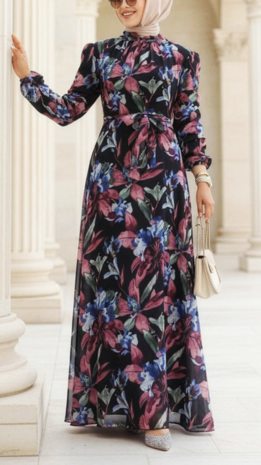 Turkish Midnight Bloom Chiffon Dress