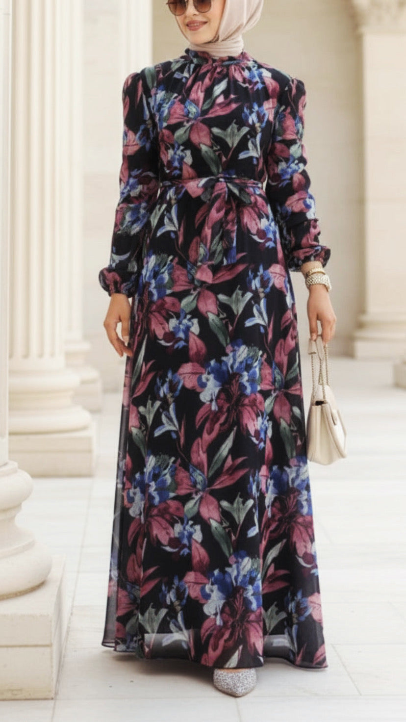 Turkish Midnight Bloom Chiffon Dress